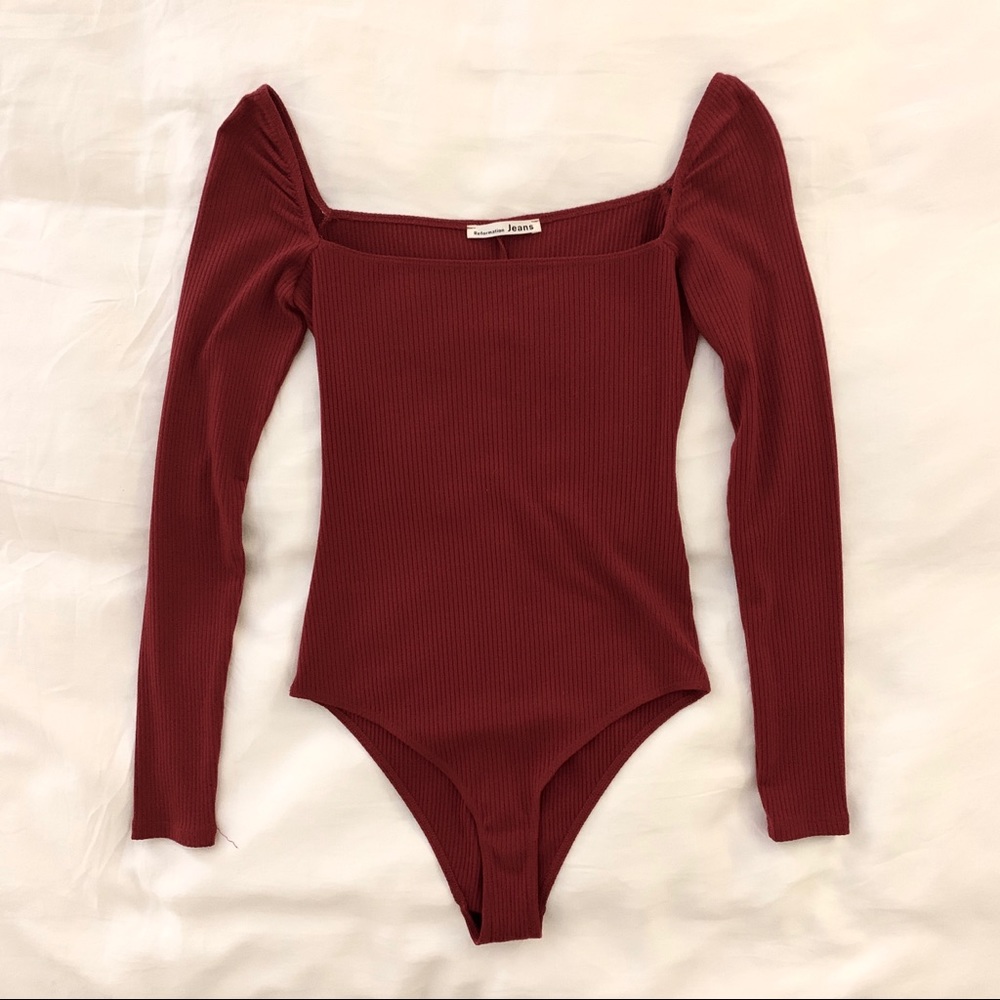 Reformation Red Ribbed Long Sleeve Bodysuit